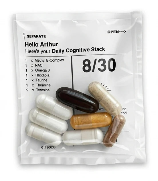 A 30BASE daily packet printed with the customer's name and the day count, listing the seven compounds inside: Methyl B-Complex, NAC, Omega-3, Rhodiola, Taurine, Theanine and two Tyrosine, with the eight capsules visible through it.