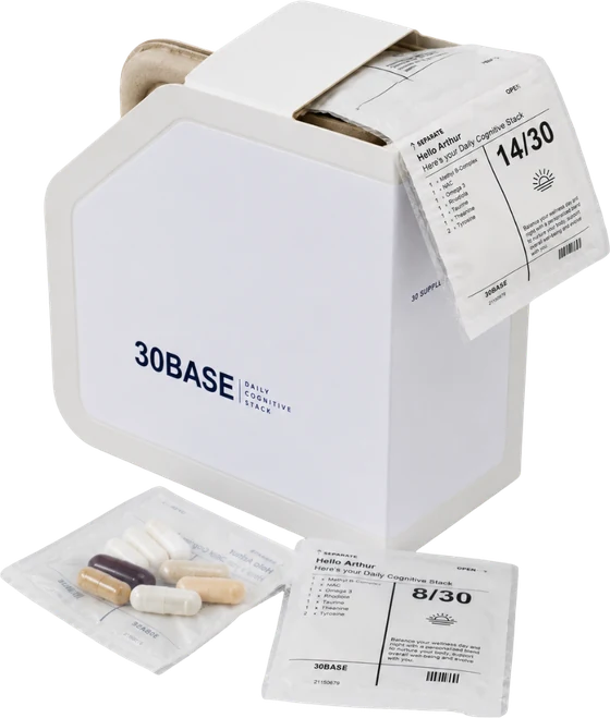 The 30BASE box with two daily packets and the eight capsules from one packet.
