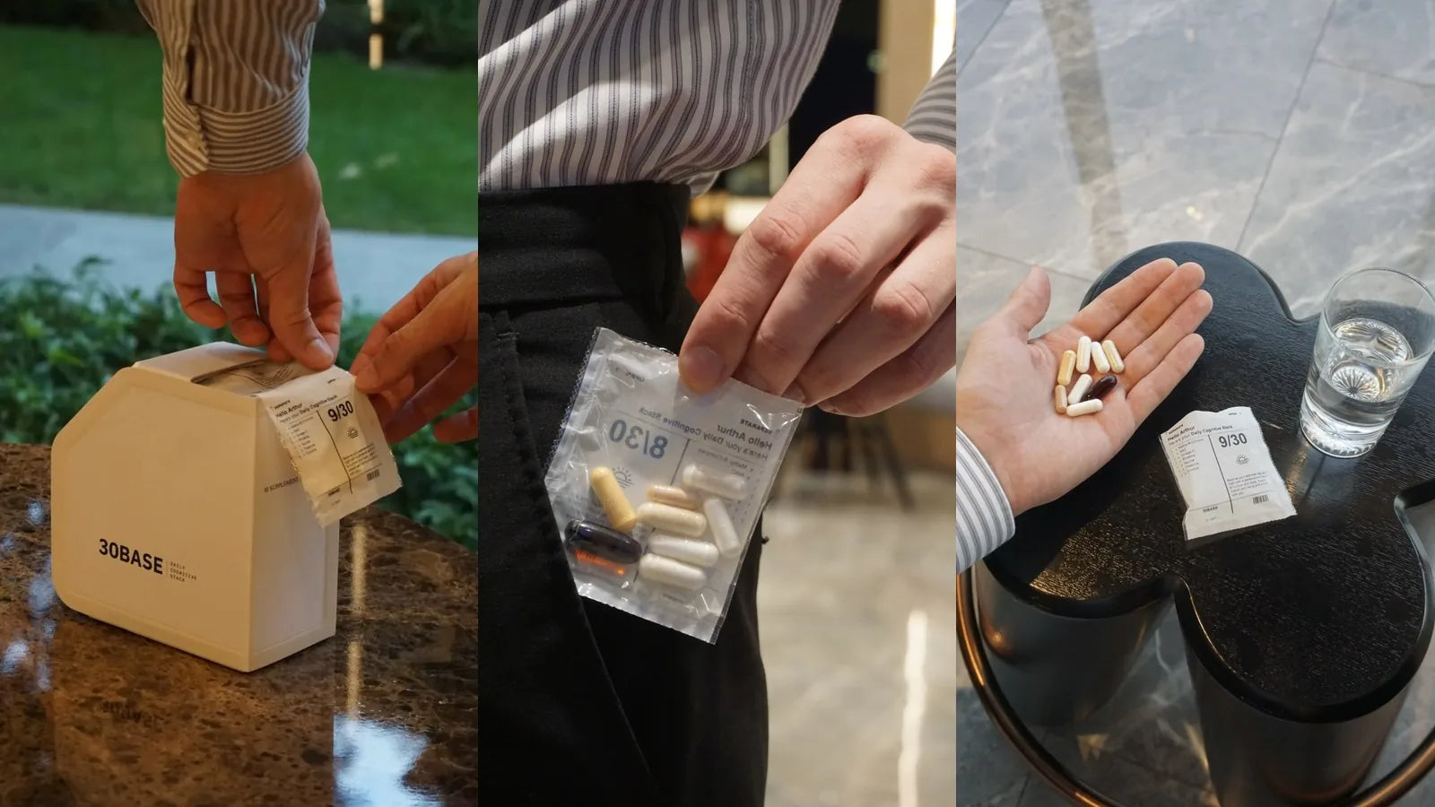 One day of 30BASE in use: pulling the day's sachet from the box, holding the sachet at pocket level, and the eight capsules poured into a palm beside a glass of water.