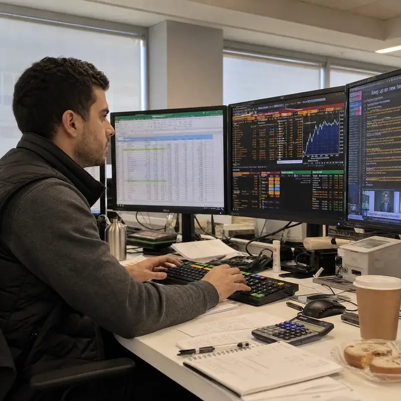 A financial analyst reading spreadsheets and market data across three monitors in a daylit office.