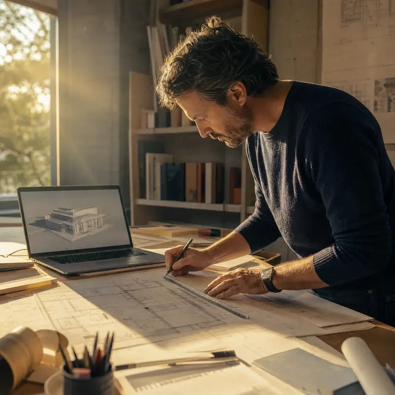 An architect drawing on blueprints at a sunlit studio desk beside a laptop showing a building model.