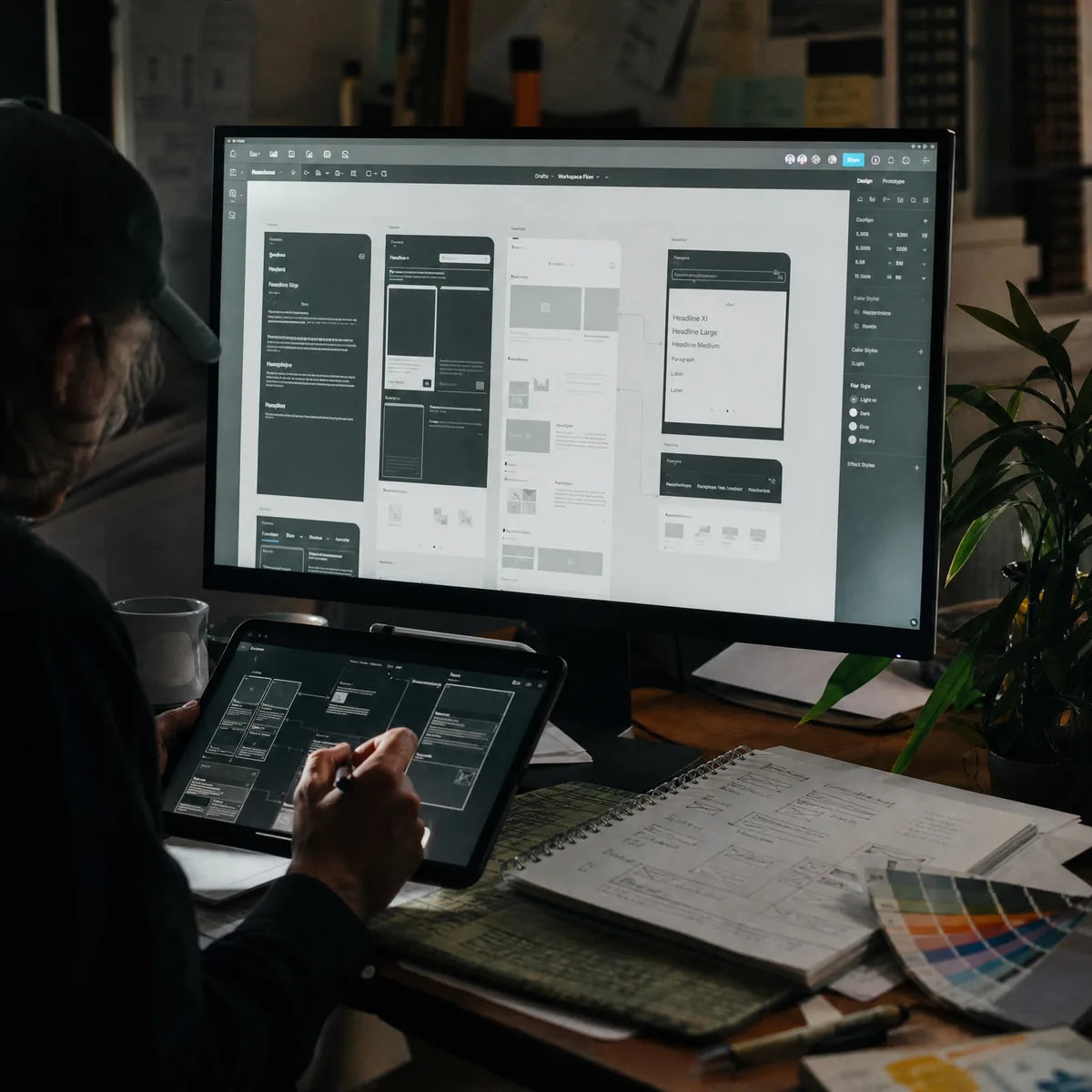 A designer sketching interface wireframes on a tablet beside a large monitor and colour swatches.