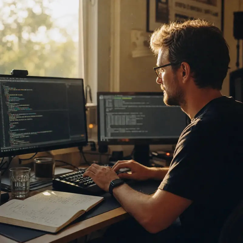 A software developer writing code on two monitors at a home desk in warm afternoon light.