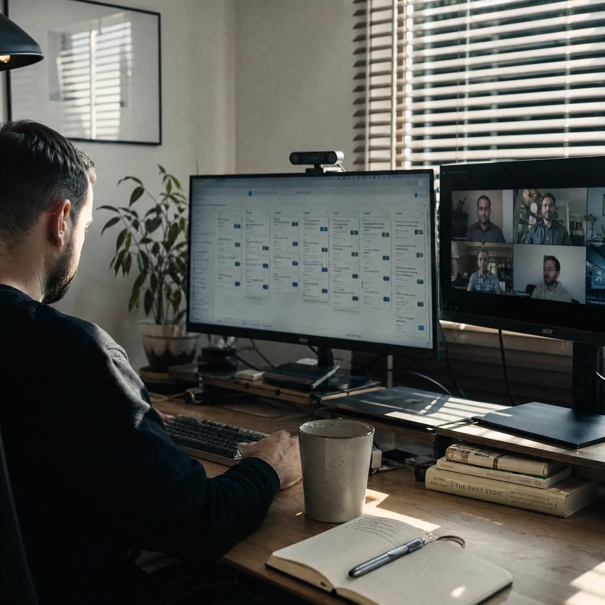 A founder working at a home-office desk, reviewing a dashboard on a laptop during a video call.