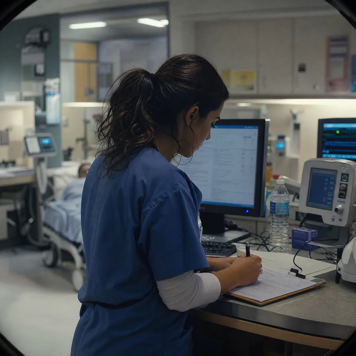 A nurse in scrubs updating patient notes at a hospital computer workstation.