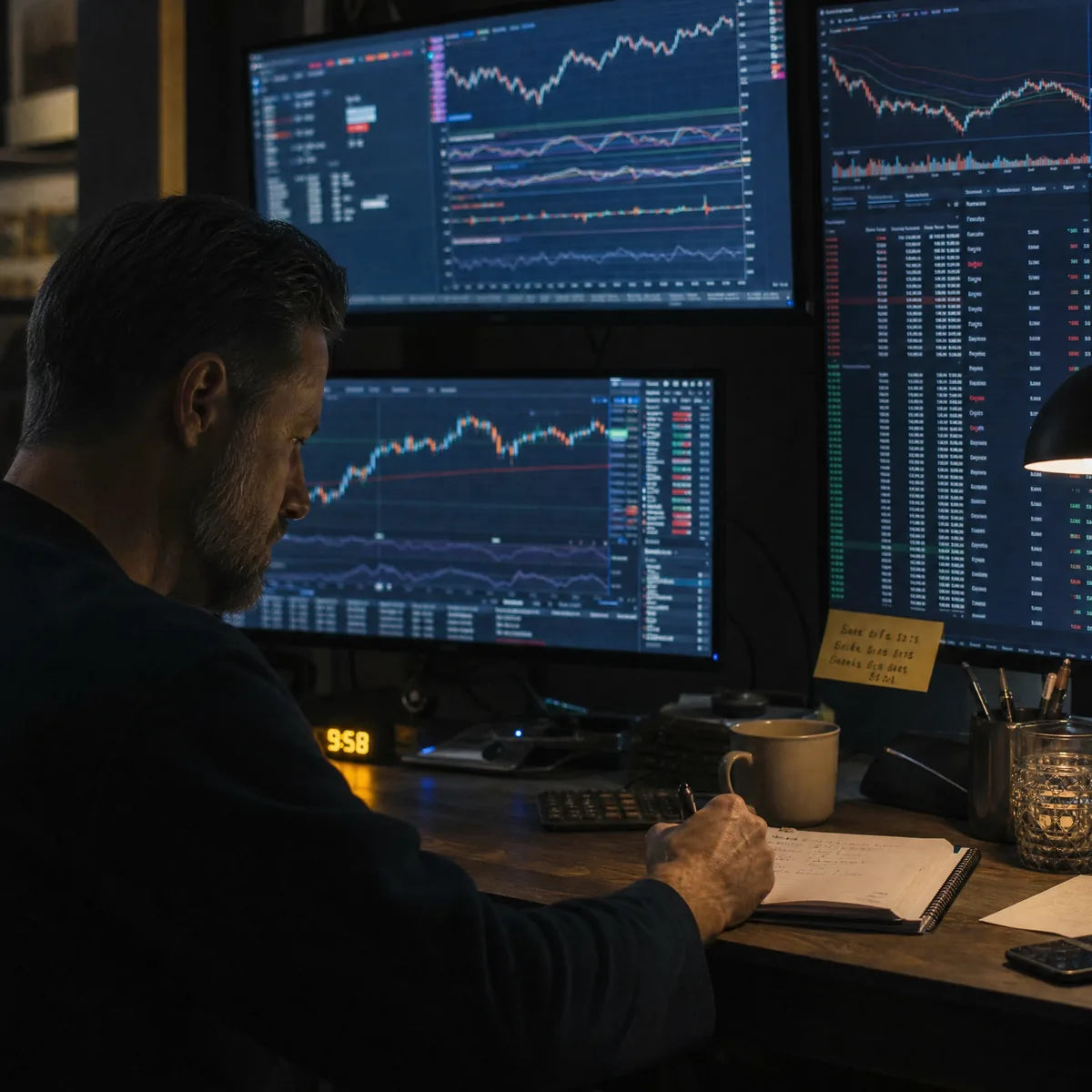 A trader reviewing market charts across several monitors in the evening while taking notes.